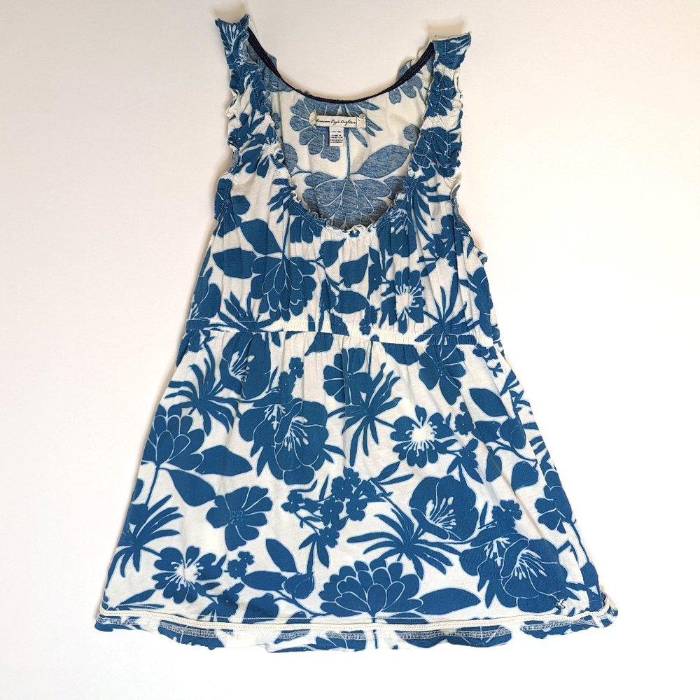 American Eagle Blue and White Floral Ruffle Tank Top Shirt Women's Size Medium